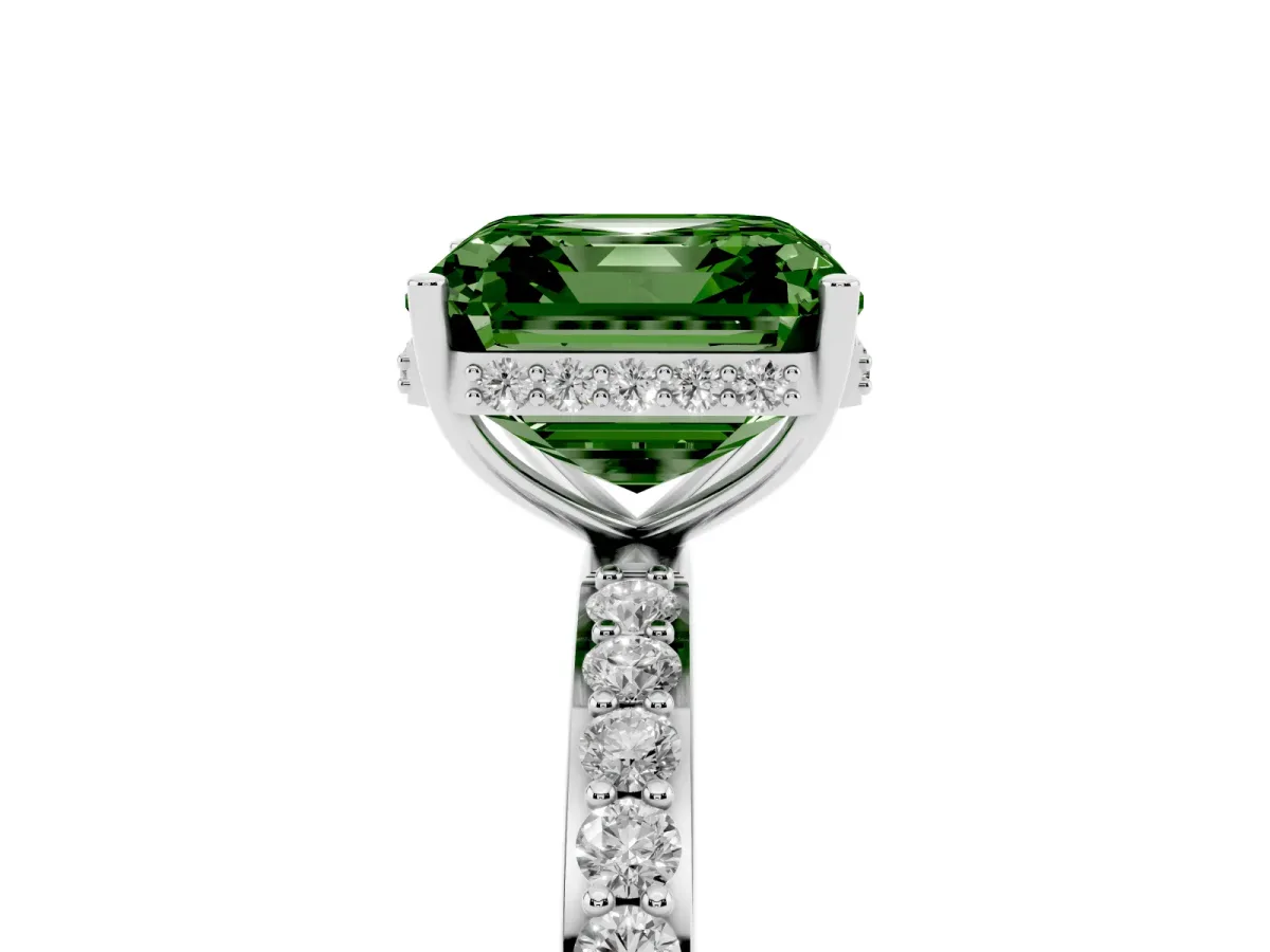 Fancy Green Asscher Cut Diamond Solitaire Ring with Pavé Band and Hidden Halo White gold