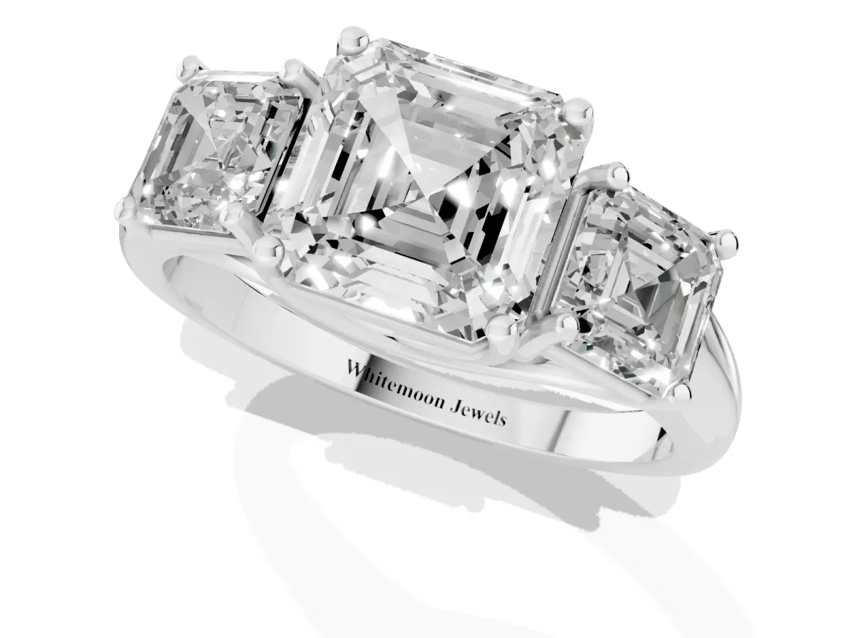 Three-Stone Asscher Cut Diamond Engagement Ring with Prong Setting Silver