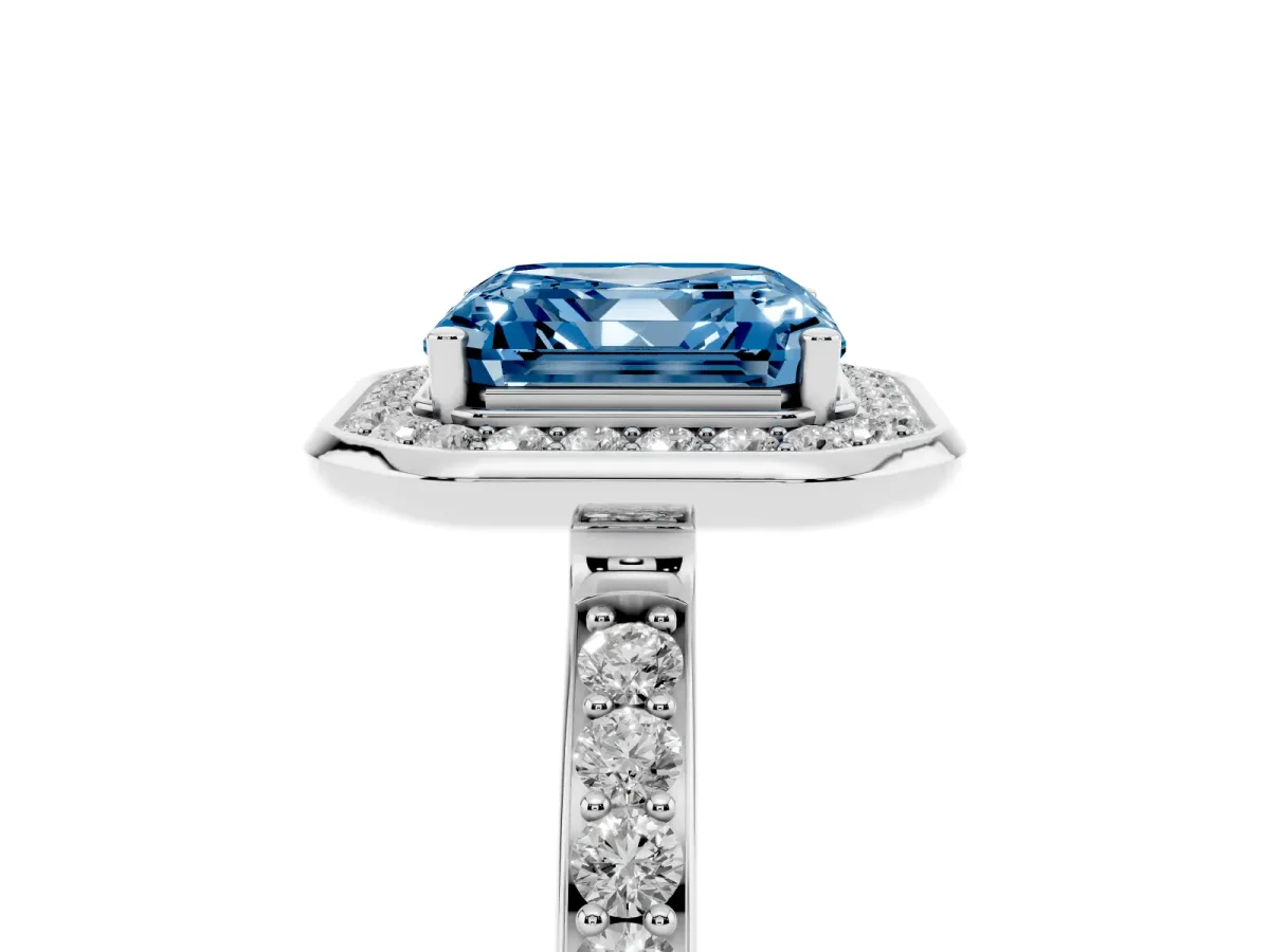 Fancy Blue Asscher Cut Diamond Halo Ring with Bezel Frame and Pavé Band Silver