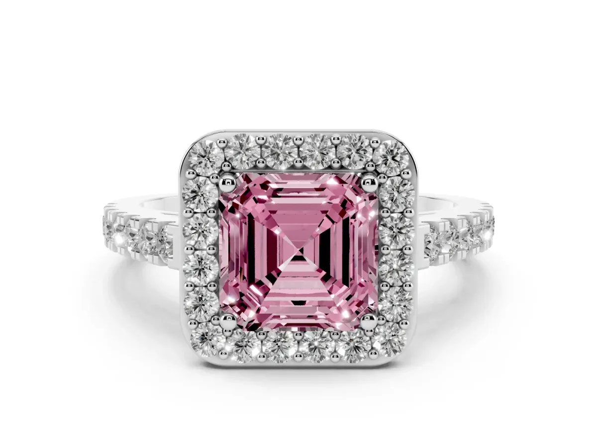Fancy Pink Asscher Cut Diamond Halo Ring with Round Pavé Split Shank and Prong Setting Silver