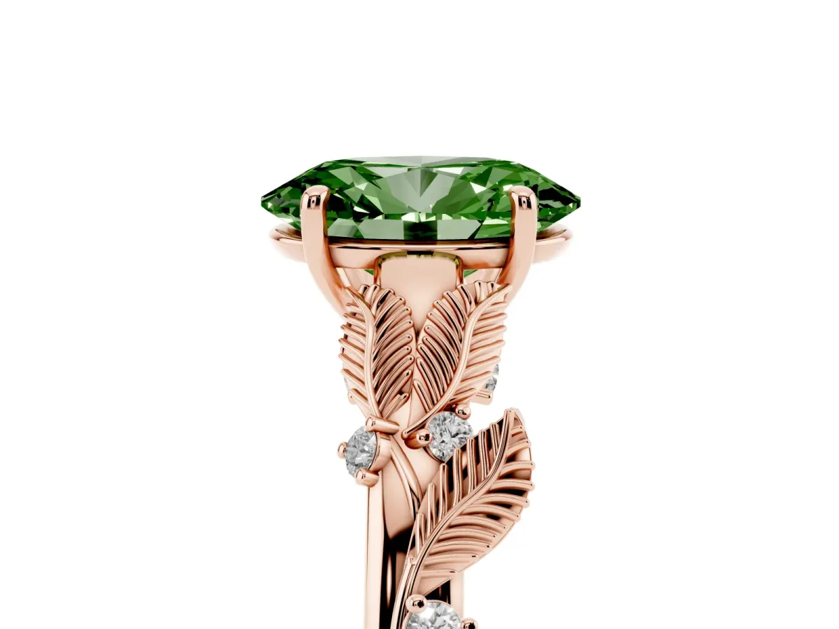 Fancy Green Oval Cut Diamond Solitaire Ring with Leaf Motif Band and Four-Prong Setting Rose gold
