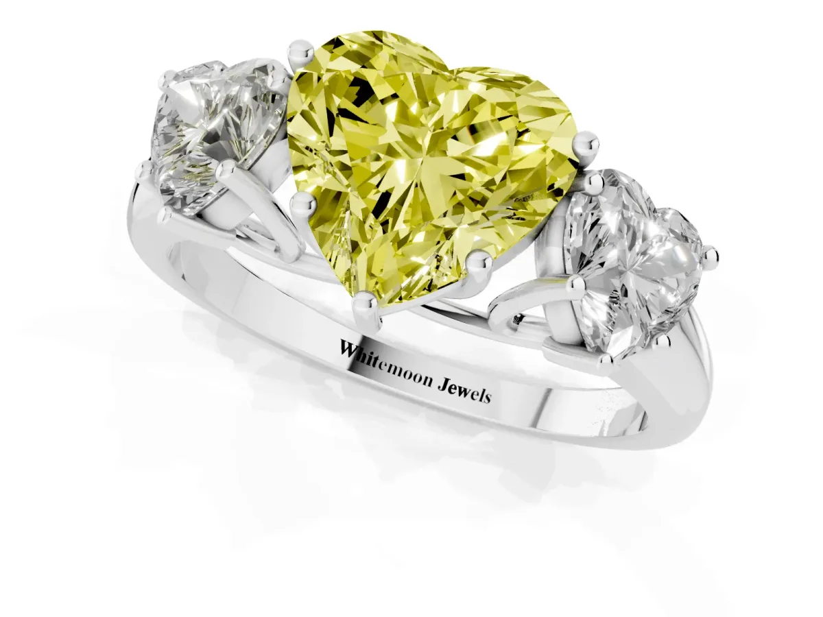 Fancy Yellow Three-Stone Heart Cut Diamond Engagement Ring with Prong Setting Platinum