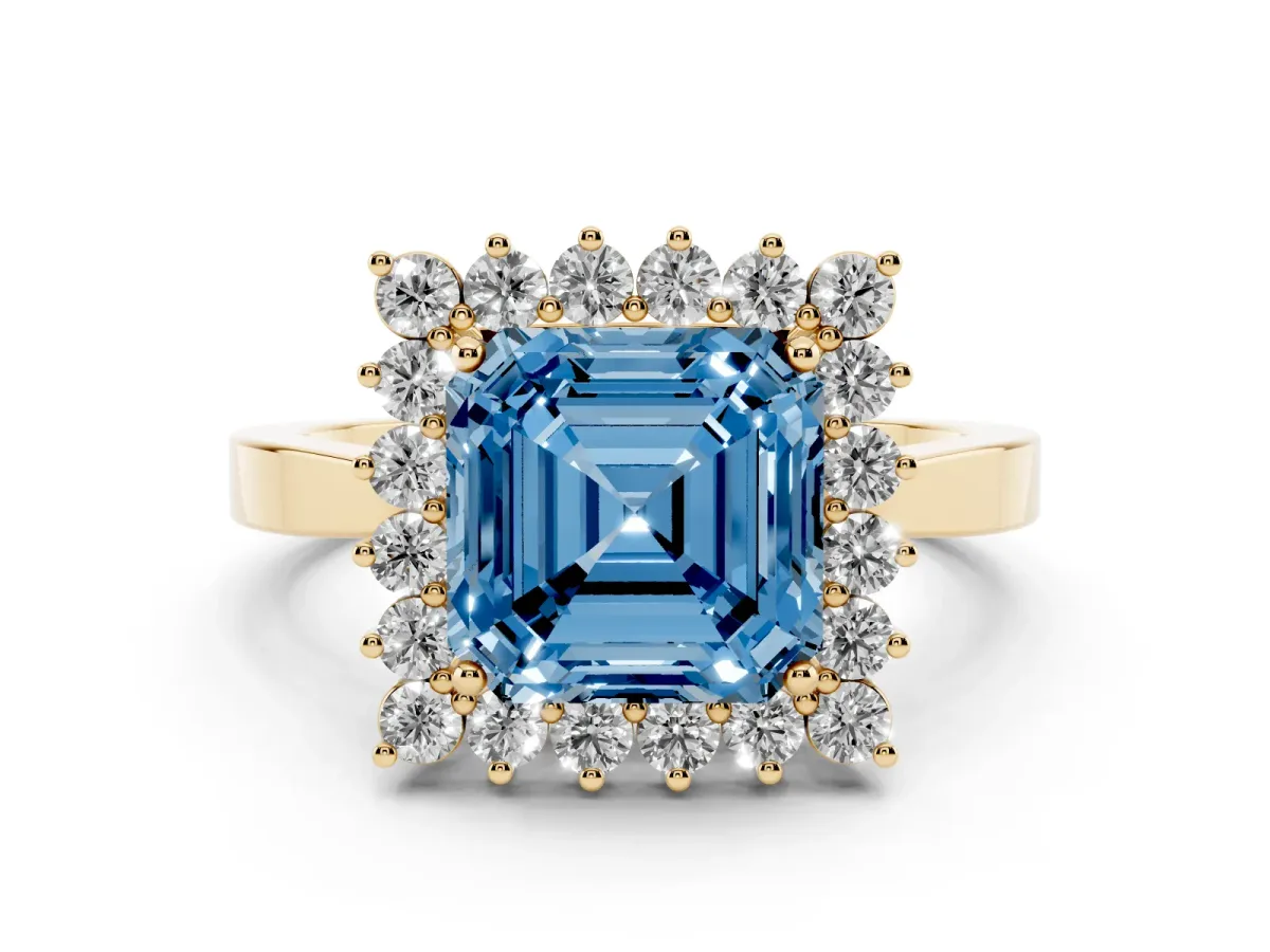 Fancy Blue Asscher Cut Cut Diamond Halo Ring with Round Brilliant Halo and Solitaire Band Yellow gold