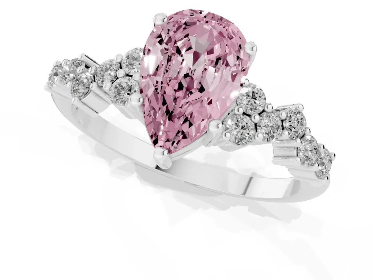 Fancy Pink Pear Cut Diamond Scattered Round Accent Ring with Prong Setting Silver