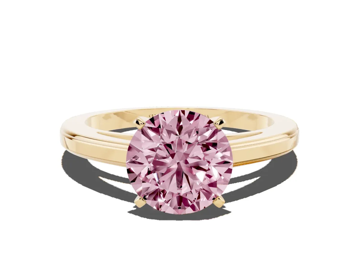 Fancy Pink Round Cut Solitaire Diamond Ring with Four-Prong Setting and Classic Band Yellow gold