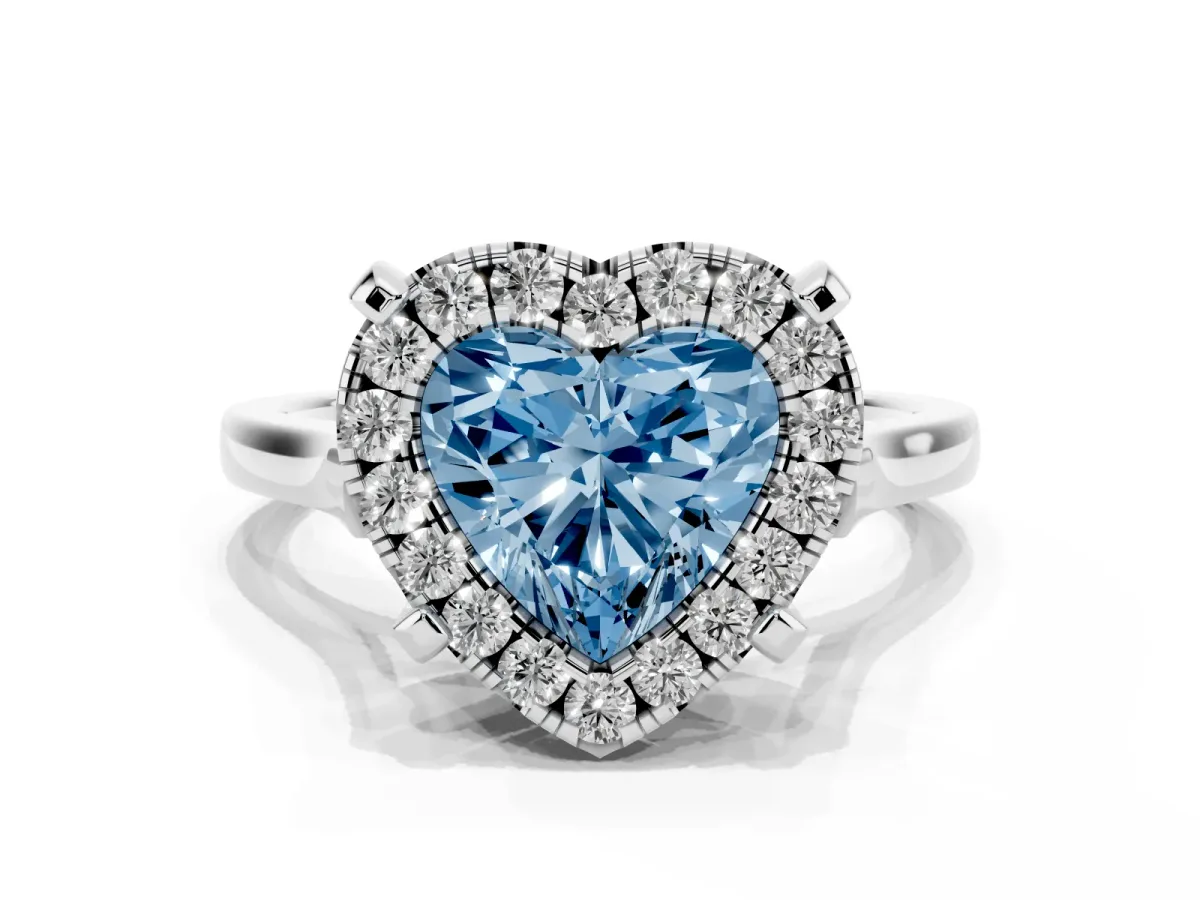 Fancy Blue Heart Cut Diamond Cluster Halo Solitaire with Four-Prong Setting Silver