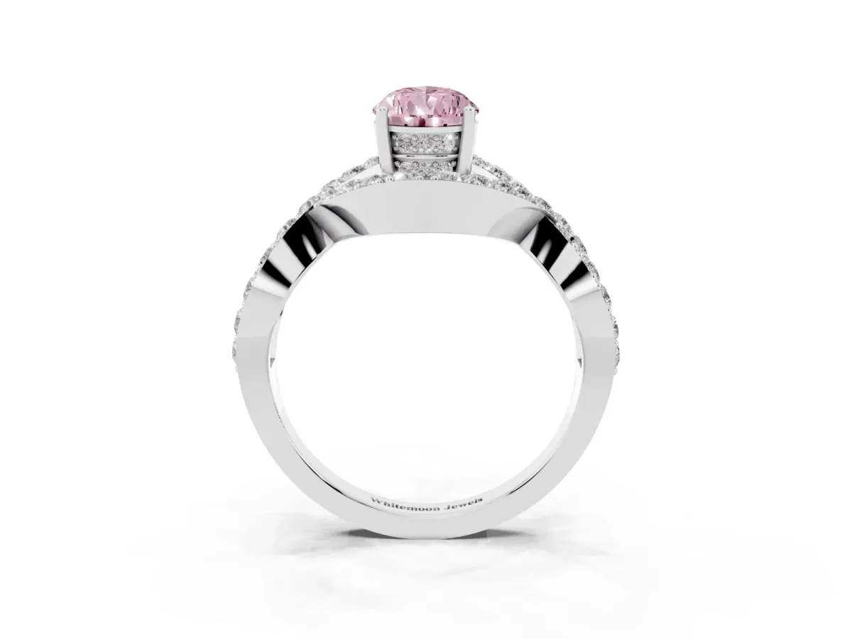 Fancy Pink Pear Cut Solitaire Twist Band Pavé Diamond Engagement Ring Platinum