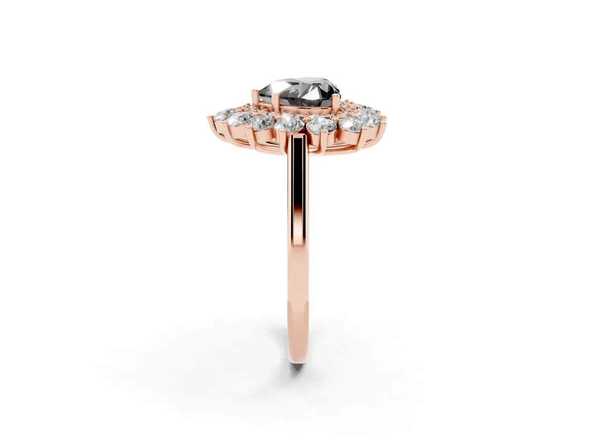 Fancy Black Heart Cut Diamond Floral Double Halo Engagement Ring with Prong Setting Rose gold