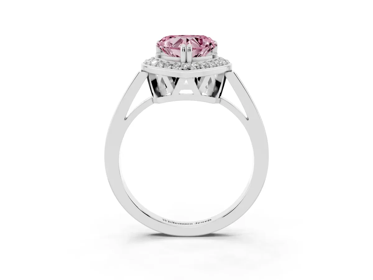 Fancy Pink Heart Cut Diamond Halo Ring with Split Shank and Four-Prong Setting Platinum