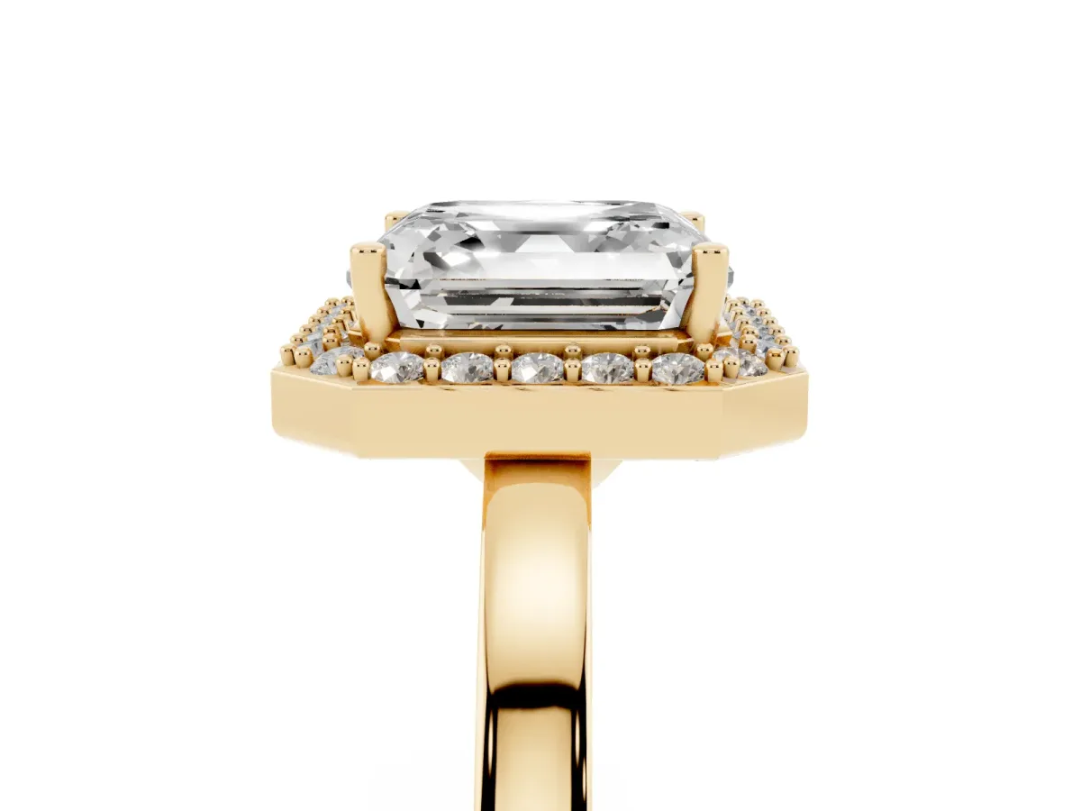 Asscher Cut Halo Diamond Ring with Solitaire Band and Prong Setting Yellow gold
