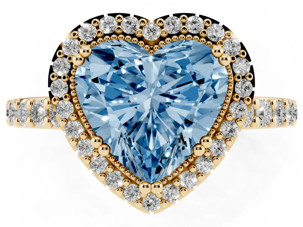 Fancy Blue Heart Cut Cut Diamond Halo Engagement Ring with Milgrain Detail and Pavé Band Yellow gold
