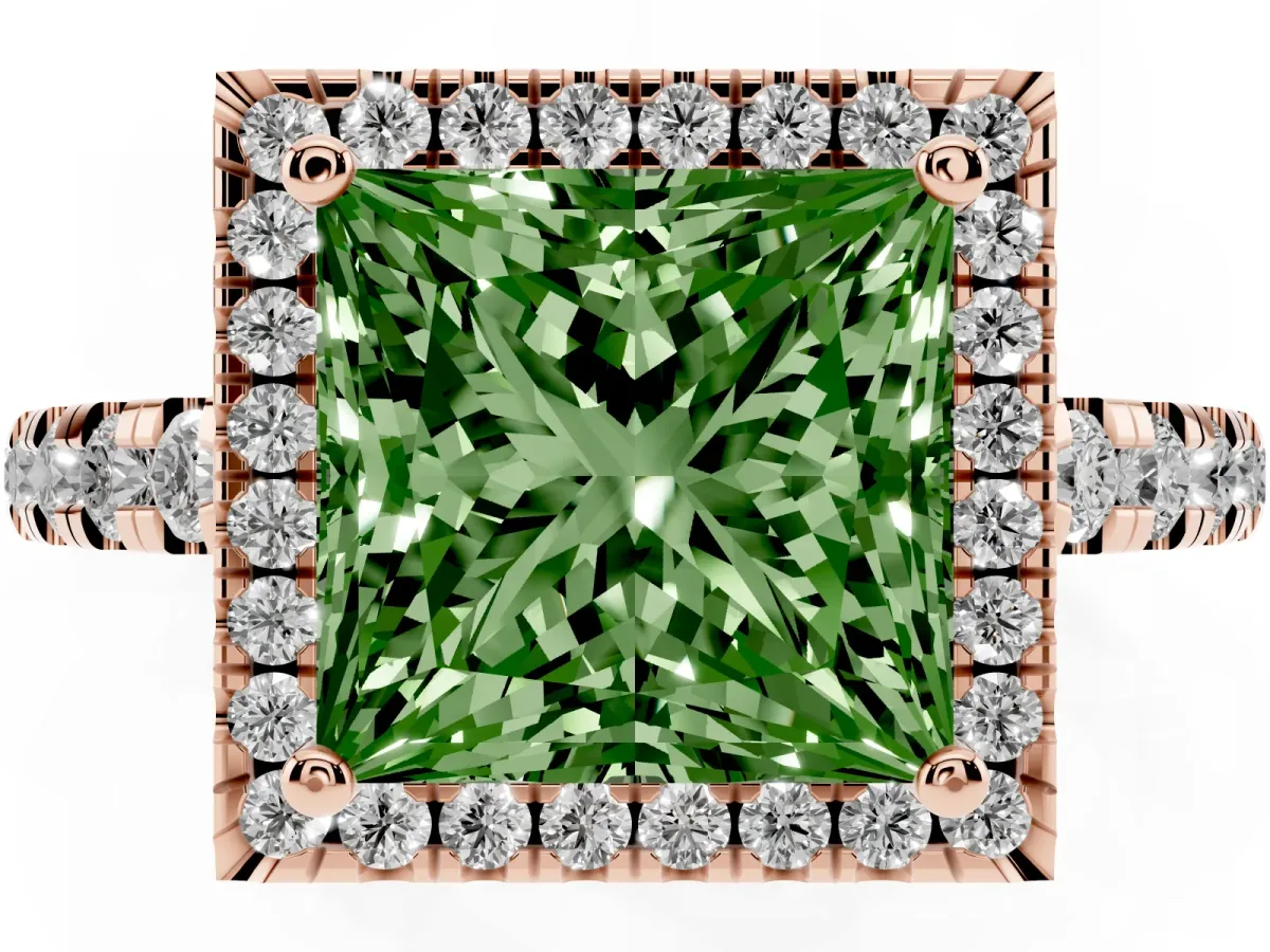 Fancy Green Princess Cut Diamond Halo Ring with Pavé Band and Four-Prong Setting Rose gold