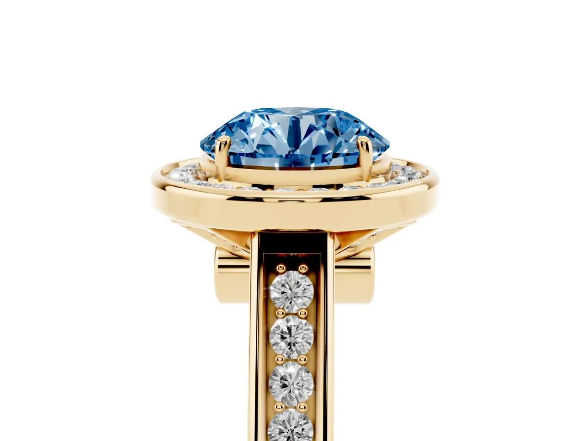 Fancy Blue Round Cut Halo Solitaire Diamond Ring with Pave Band and Bezel Setting Yellow gold