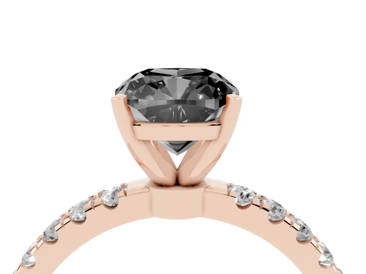 Fancy Black Cushion Cut Diamond Solitaire Ring with Pavé Accents and Four-Prong Setting Rose gold