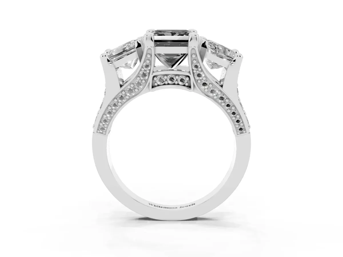 Fancy Black Princess Cut Diamond Three-Stone Ring with Channel Set Band and Four-Prong Setting Platinum