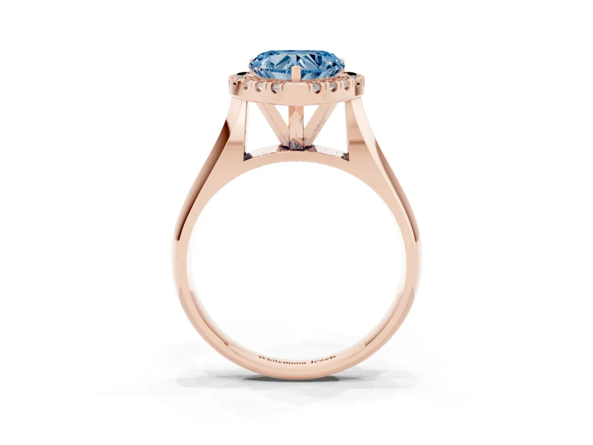 Fancy Blue Heart Cut Cut Halo Solitaire Engagement Ring with Square Band and Four-Prong Setting Rose gold