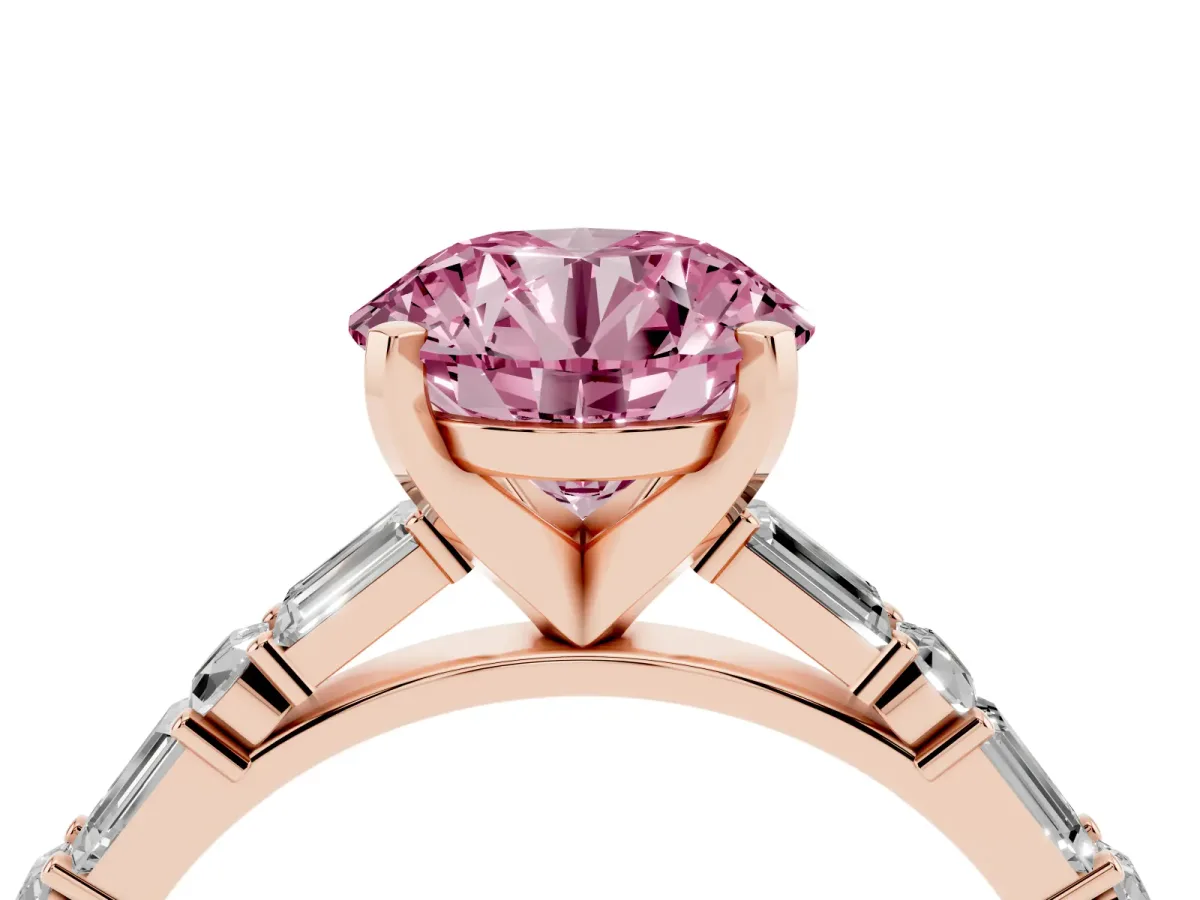 Fancy Pink Round Cut Diamond Solitaire with Side Baguettes and Channel Set Band Rose gold