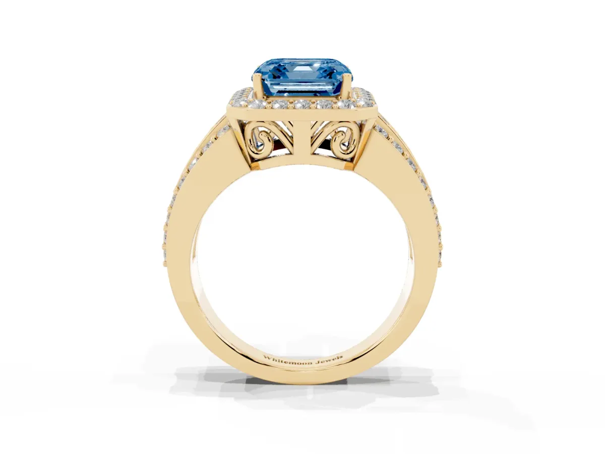 Fancy Blue Asscher Cut Halo Diamond Ring with Round Split Shank and Prong Setting Yellow gold