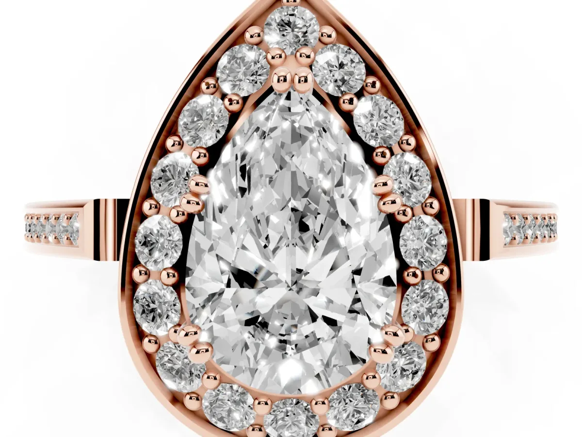 Pear Cut Diamond Halo Ring with Split Shank and Four-Prong Setting Rose gold