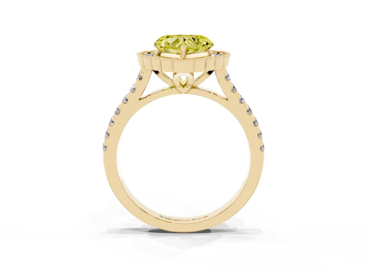Fancy Yellow Heart Cut Cut Diamond Milgrain Floral Halo Engagement Ring with Pavé Band Yellow gold
