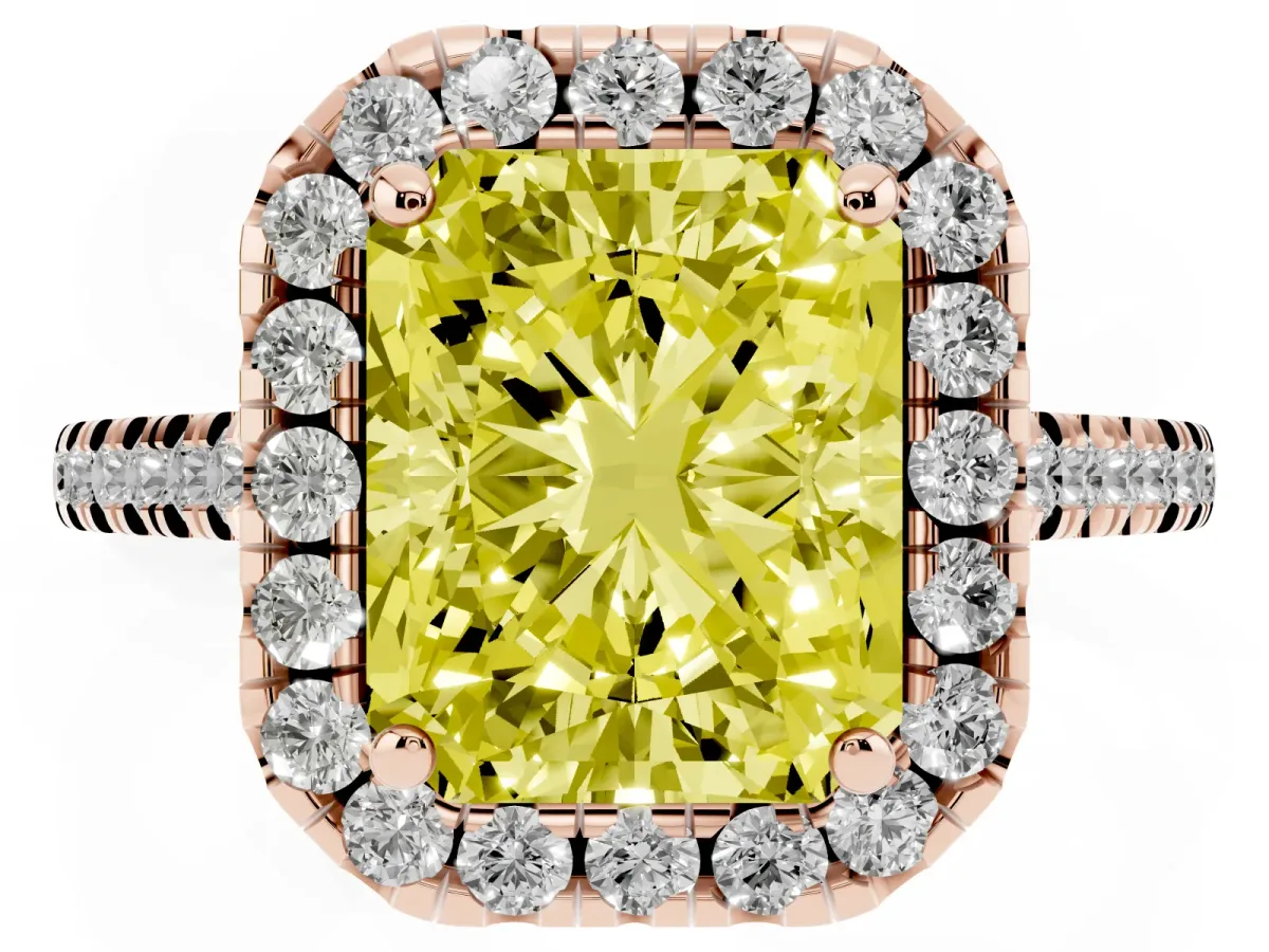 Fancy Yellow Radiant Cut Diamond Cushion Halo Ring with Pavé Band Rose gold