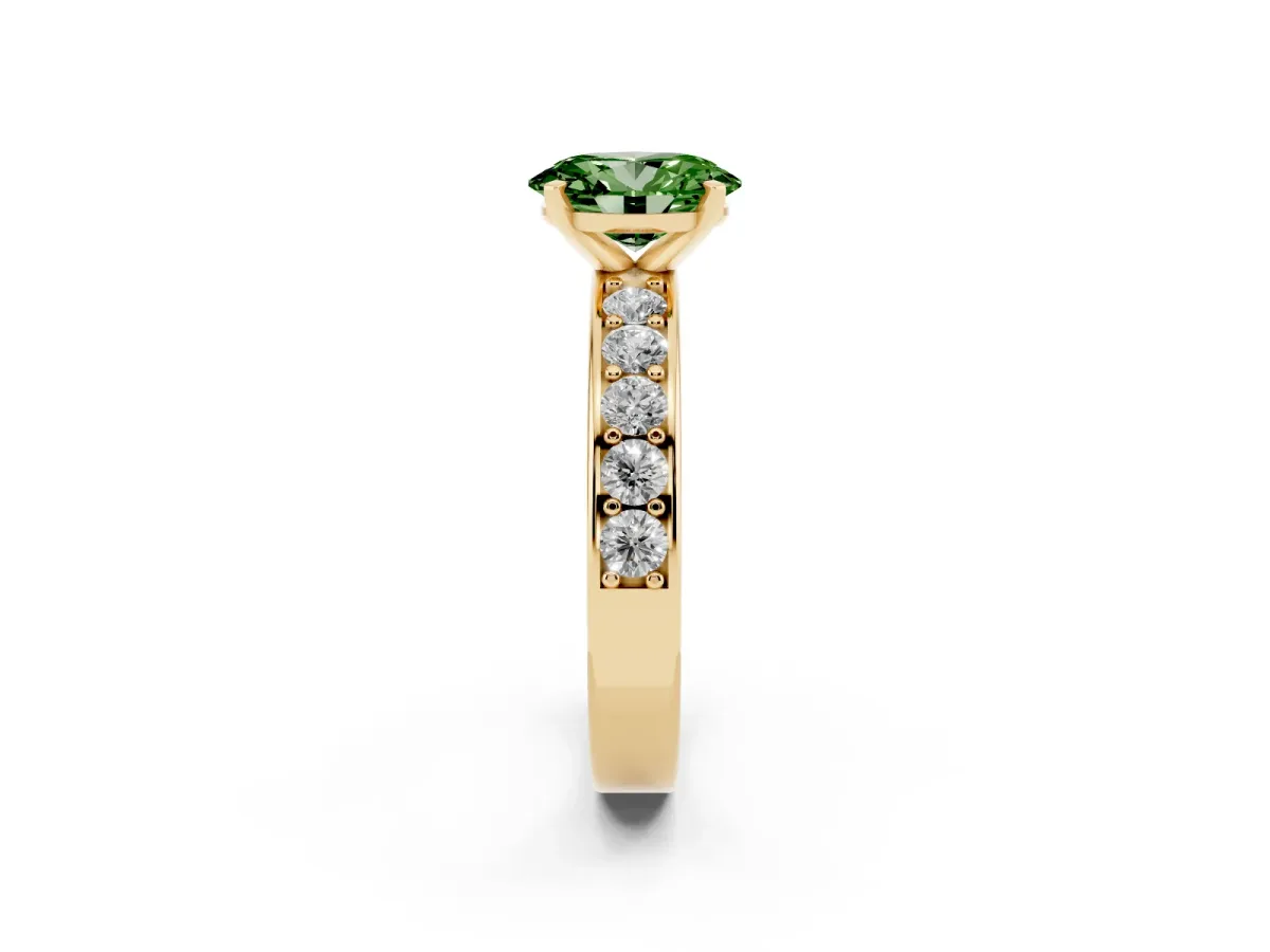 Fancy Green Oval Cut Diamond Engagement Ring with Channel Set Round Band and Prong Setting Yellow gold