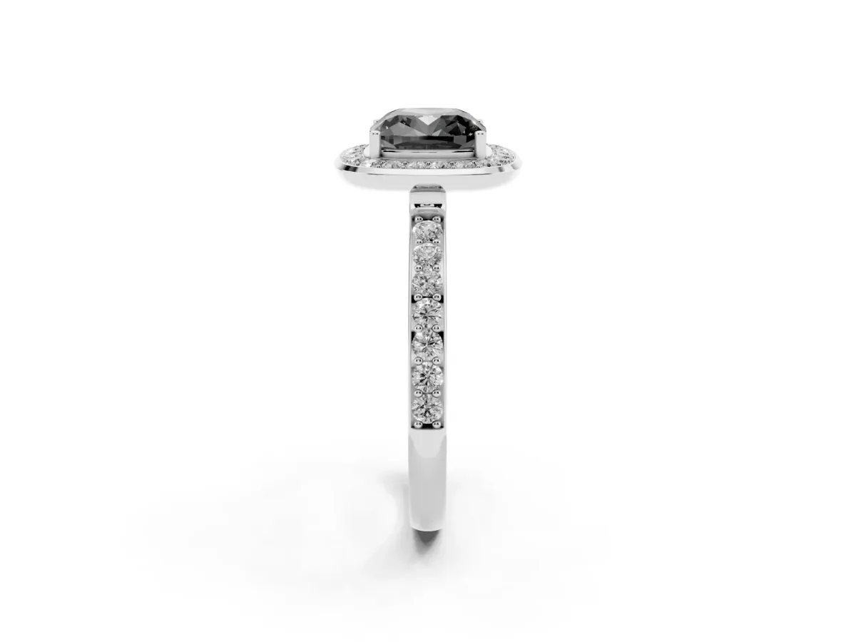 Fancy Black Cushion Cut Diamond Halo Ring with Bezel Frame and Pavé Band Silver