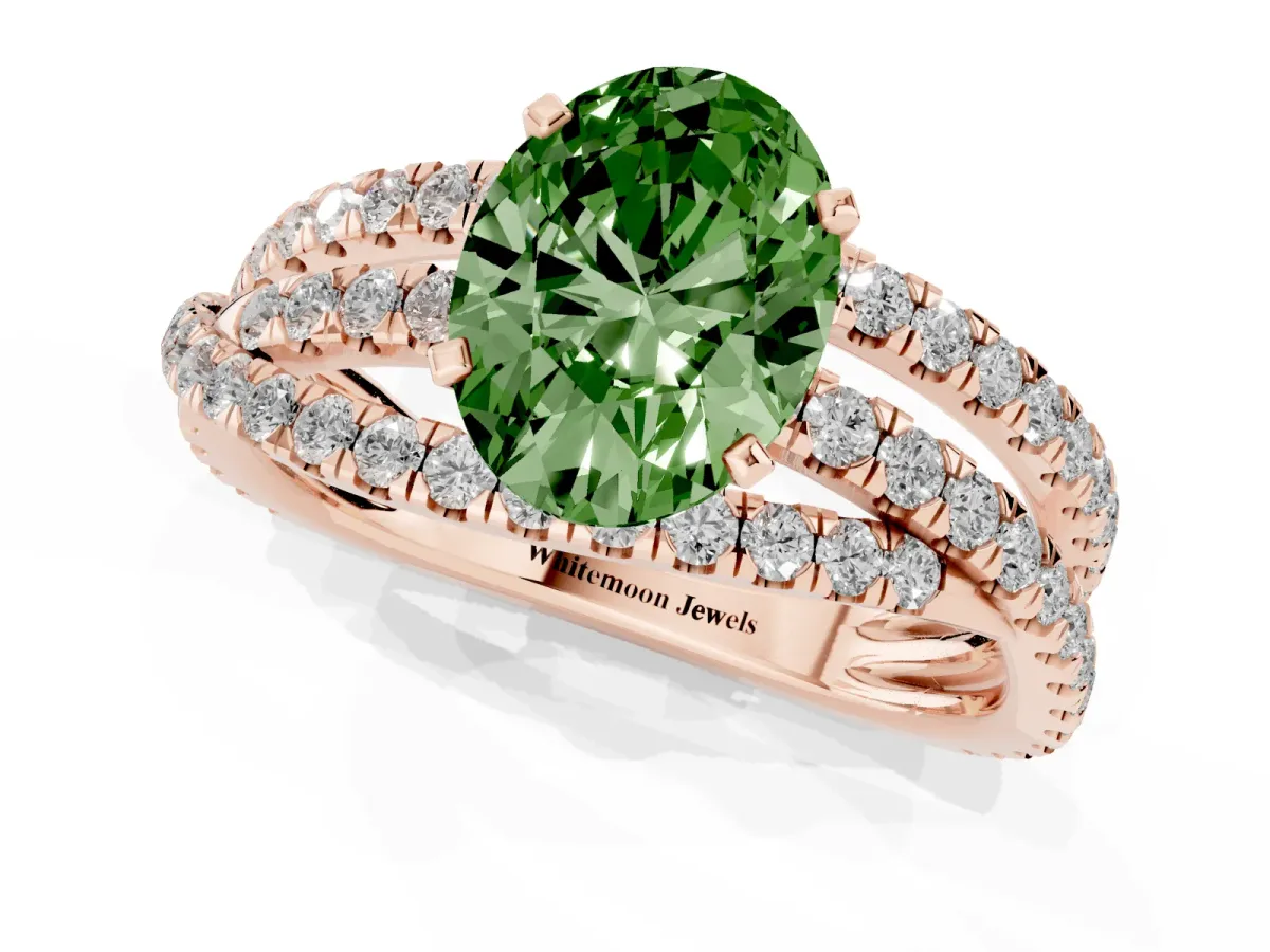 Fancy Green Oval Cut Solitaire Twist Band with Pavé Setting and Four-Prong Setting Rose gold