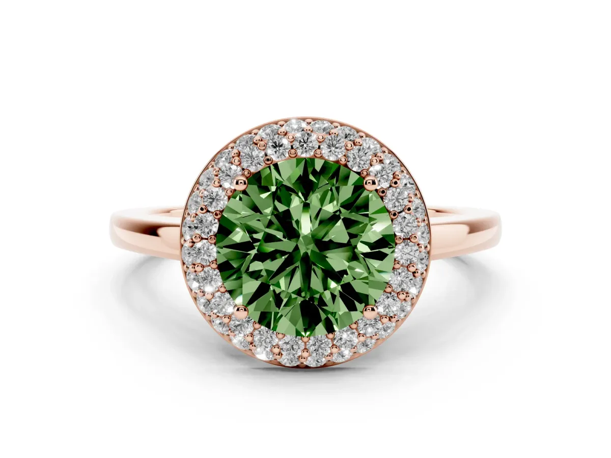 Fancy Green Round Cut Halo Diamond Engagement Ring with Solitaire Band and Four-Prong Setting Rose gold