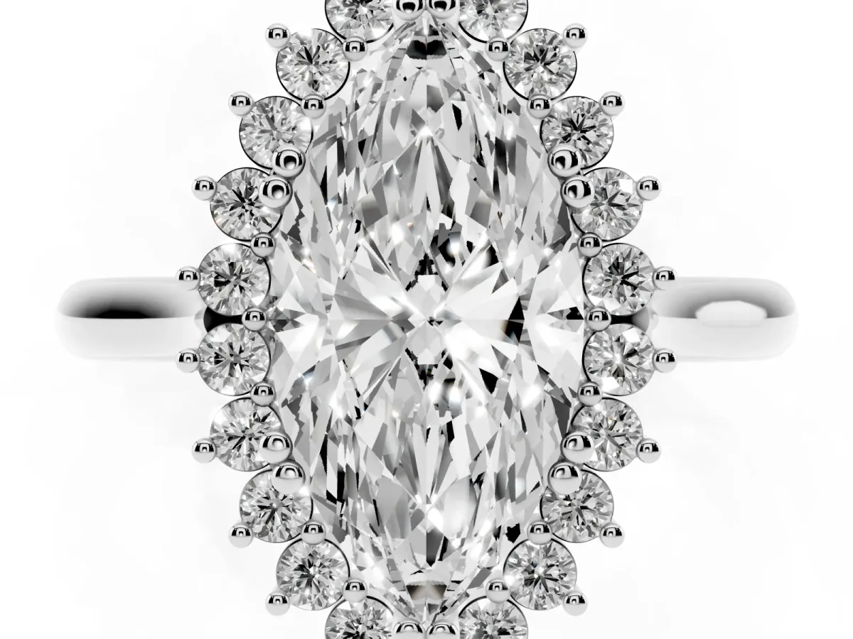 Marquise Cut Cut Diamond Halo Ring with Solitaire Band and Prong Setting Platinum