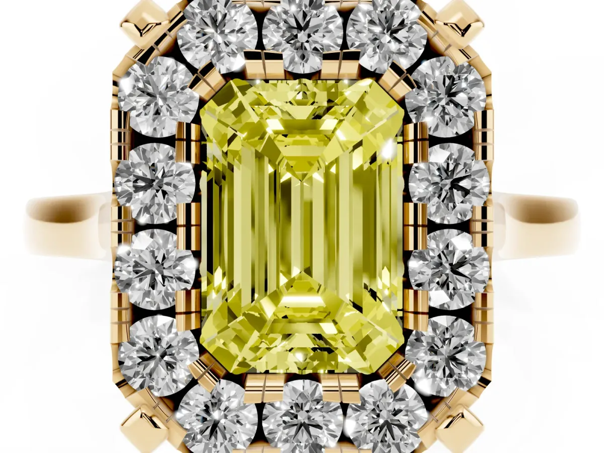 Fancy Yellow Emerald Cut Diamond Cluster Halo Solitaire with Four-Prong Setting Yellow gold
