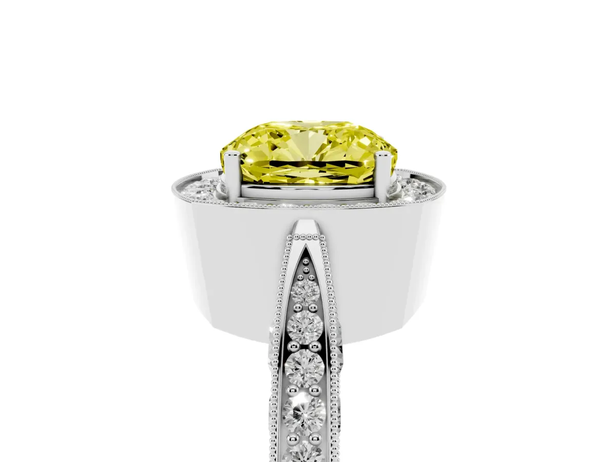 Fancy Yellow Cushion Cut Halo Diamond Engagement Ring with Split Shank Band and Four-Prong Setting Platinum