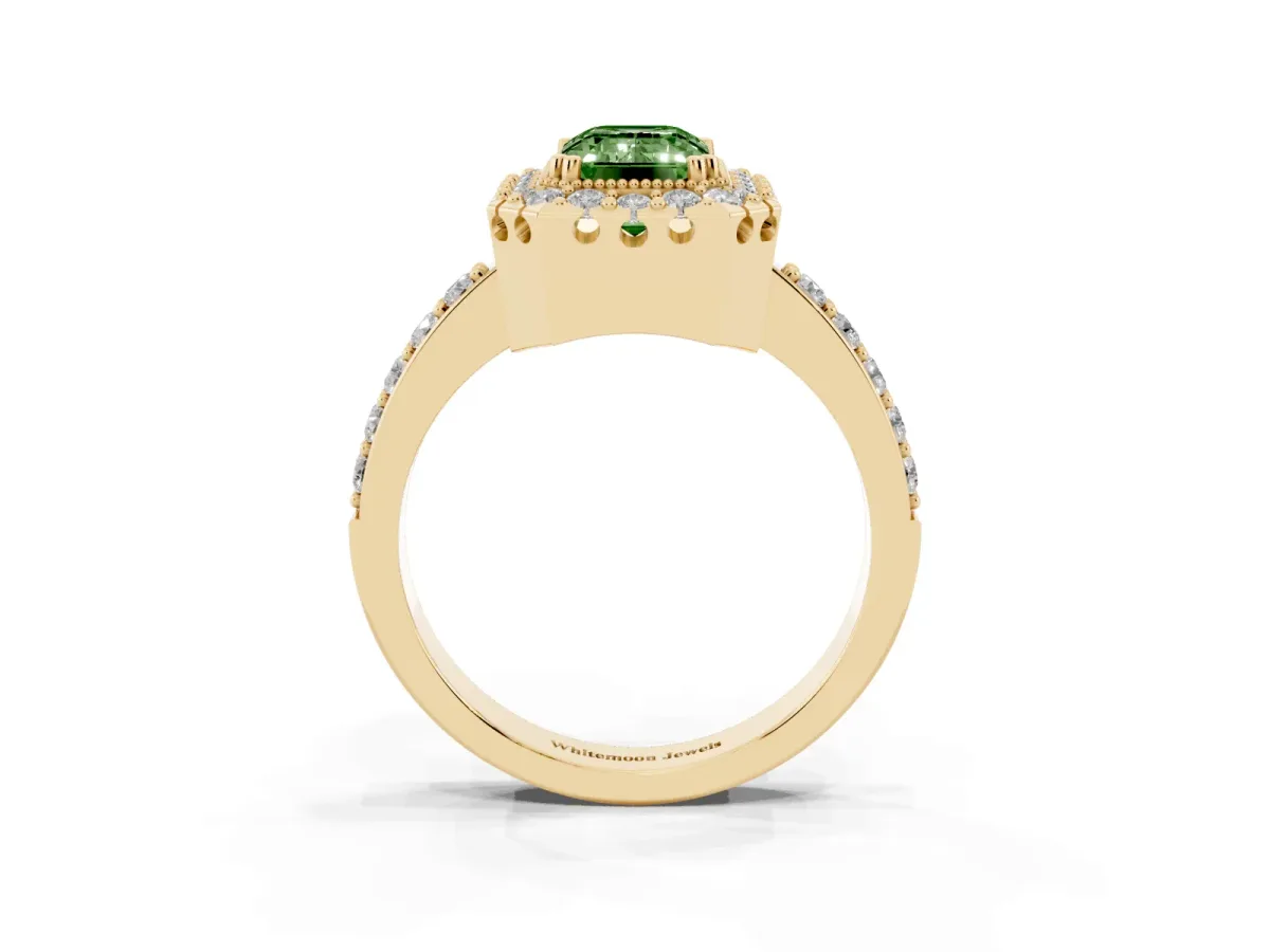 Fancy Green Emerald Cut Diamond Halo Ring with Pavé Band and Prong Setting Yellow gold
