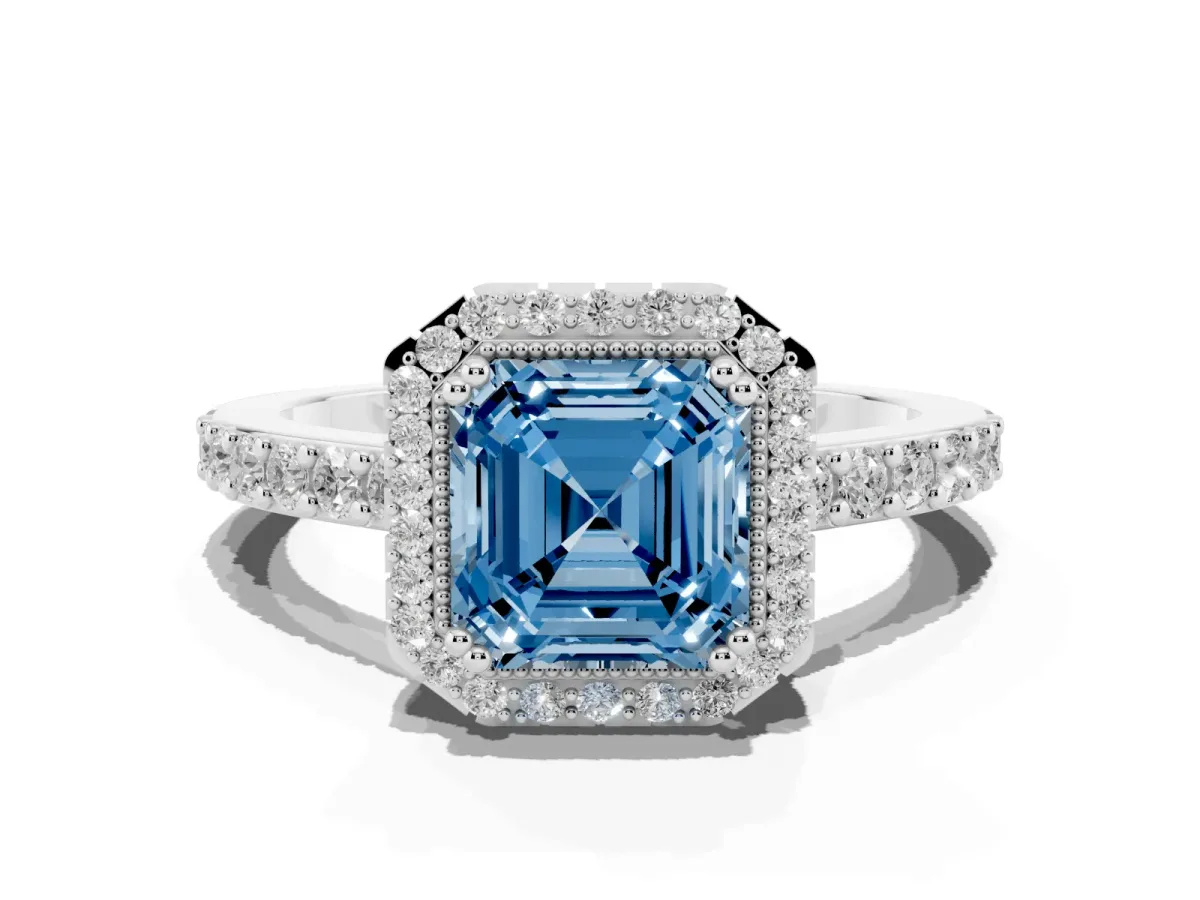 Fancy Blue Asscher Cut Cut Diamond Halo Engagement Ring with Milgrain Detail and Pavé Band White gold