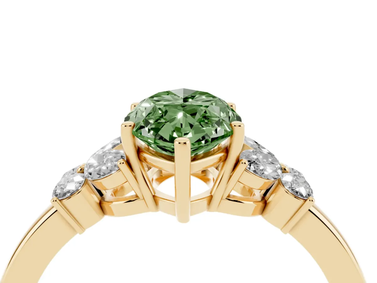 Fancy Green Marquise Cut Cut Solitaire Floral Diamond Ring with Four-Prong Setting Yellow gold