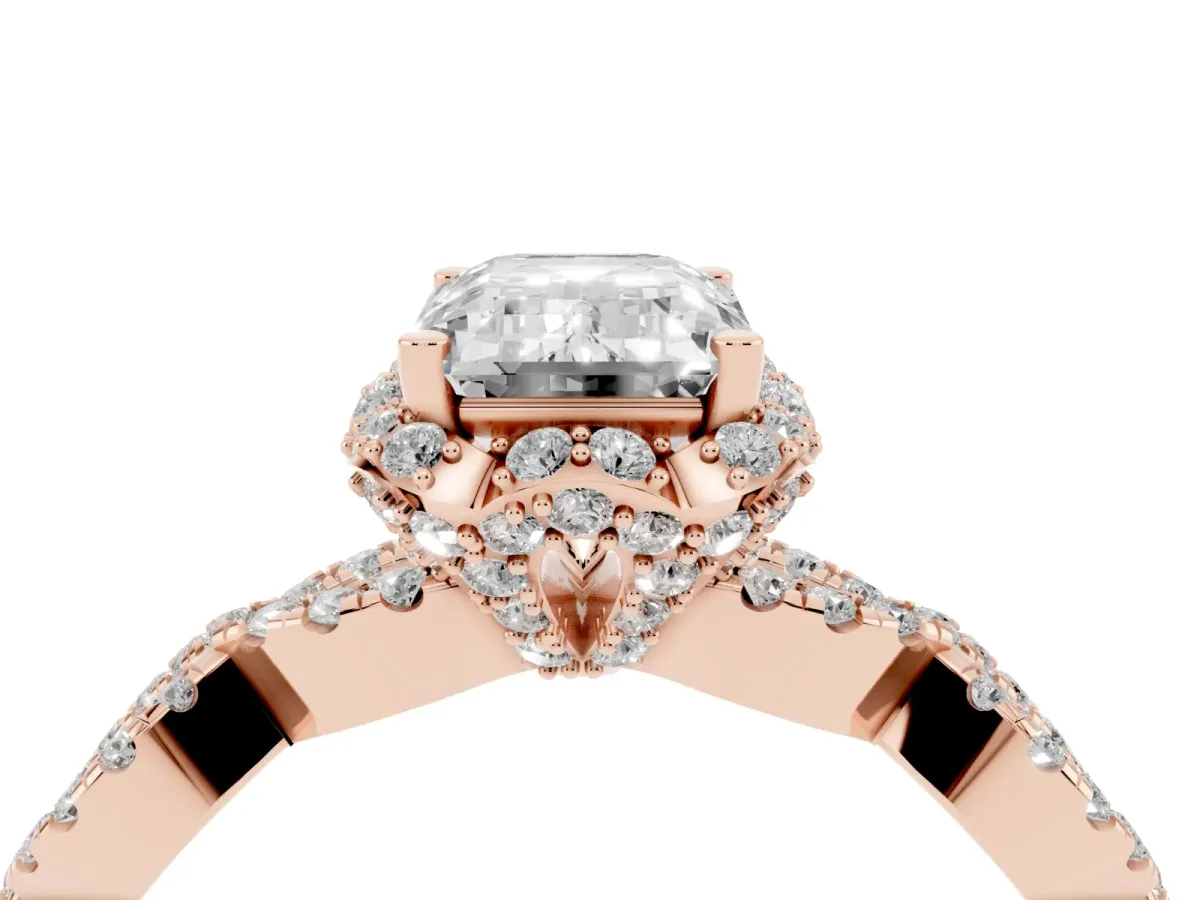 Emerald Cut Halo Twist Band Solitaire Ring with Six-Prong Setting Rose gold