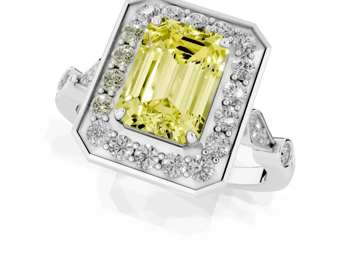 Fancy Yellow Emerald Cut Halo Diamond Engagement Ring with Twisted Band and Four-Prong Setting Platinum