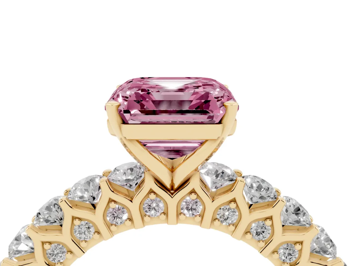 Fancy Pink Asscher Cut Diamond Solitaire Ring with Shared Prong Pavé Band and Four-Prong Setting Yellow gold