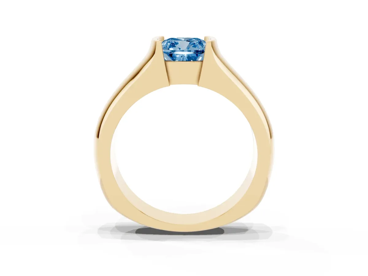 Fancy Blue Cushion Cut Solitaire Bezel Set Diamond Ring with Wide Band Yellow gold
