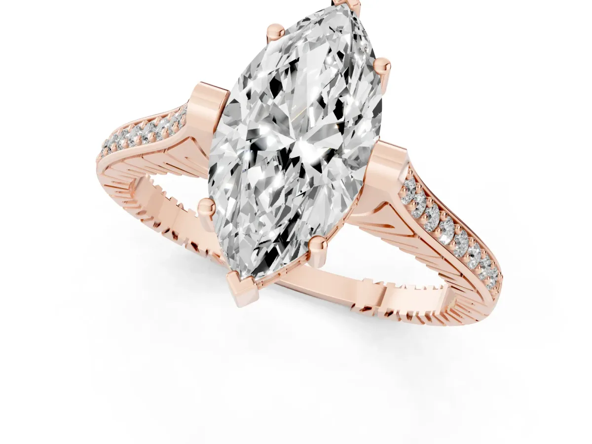 Marquise Cut Solitaire Diamond Ring with Channel Set Band and Bezel Prong Setting Rose gold