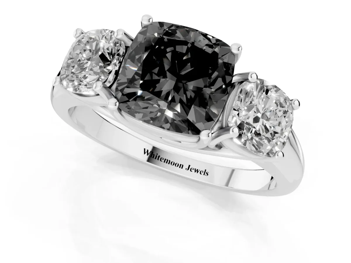 Fancy Black Three-Stone Cushion Cut Diamond Engagement Ring with Prong Setting Silver