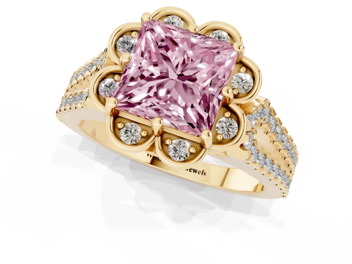 Fancy Pink Princess Cut Halo Diamond Floral Split Shank Engagement Ring Yellow gold