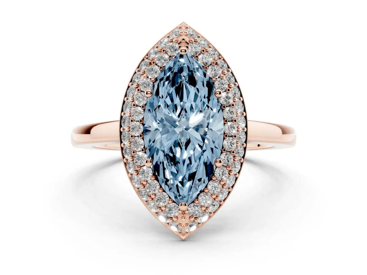 Fancy Blue Marquise Cut Halo Diamond Engagement Ring with Solitaire Band and Four-Prong Setting Rose gold