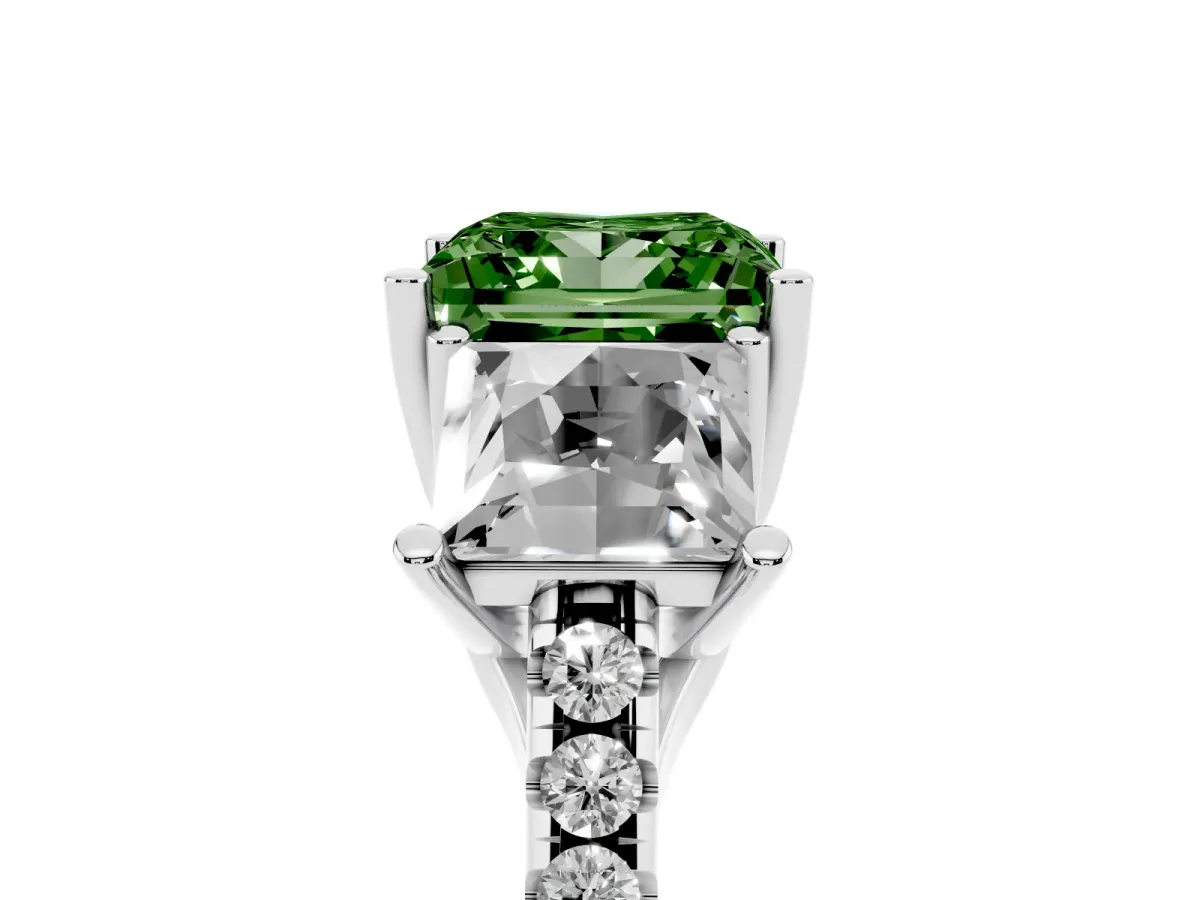 Fancy Green Three-Stone Princess Cut Diamond Ring with Round Pavé Band and Prong Setting Silver