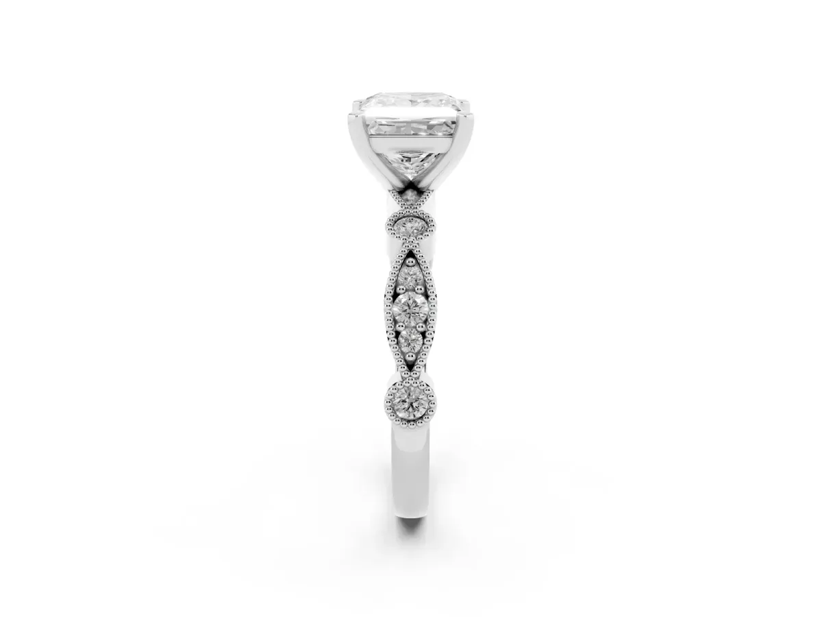 Princess Cut Milgrain Bezel Diamond Engagement Ring with Solitaire Prong Setting Silver