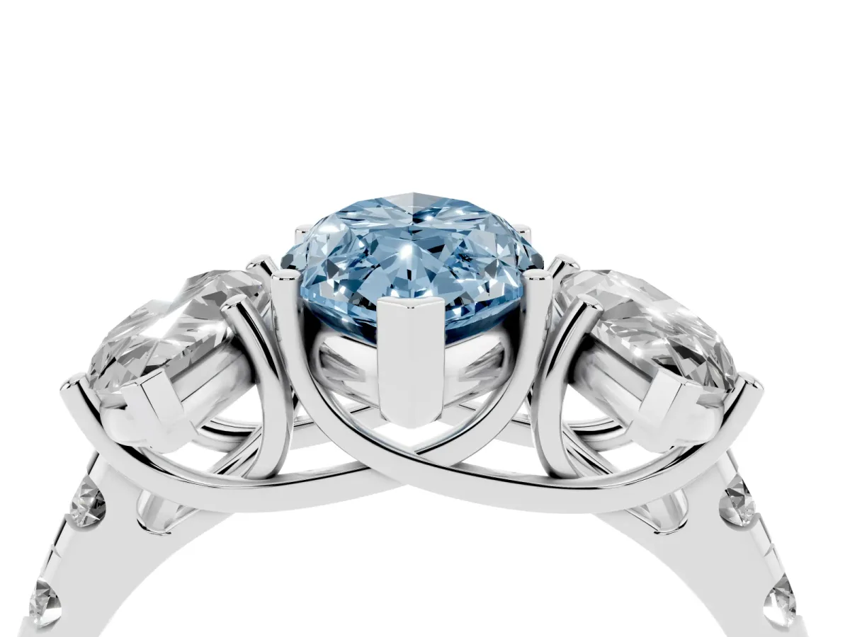 Fancy Blue Three-Stone Marquise Cut Diamond Pavé Band with Prong Setting Platinum