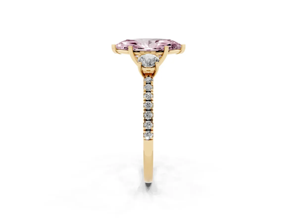 Fancy Pink Three-Stone Marquise Cut Cut Diamond Pavé Band with Prong Setting Yellow gold