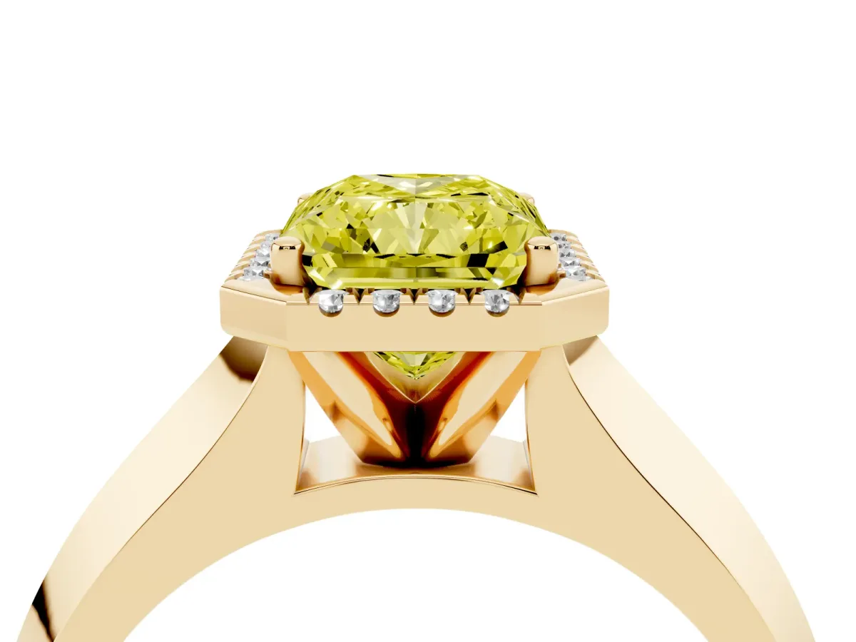 Fancy Yellow Radiant Cut Halo Diamond Ring with Cathedral Band and Four-Prong Setting Yellow gold