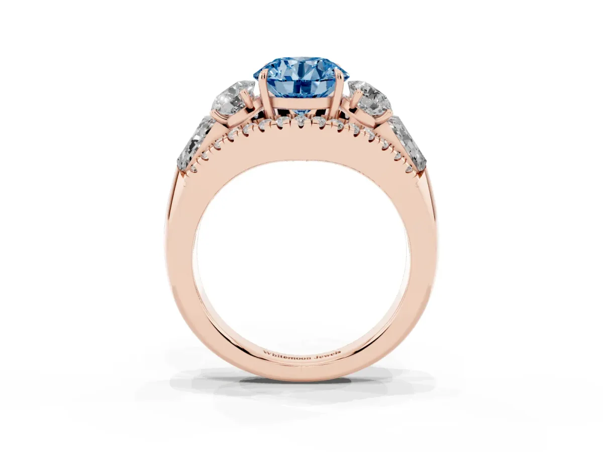 Fancy Blue Three-Stone Round Cut Diamond Engagement Ring with Pave Band and Prong Setting Rose gold