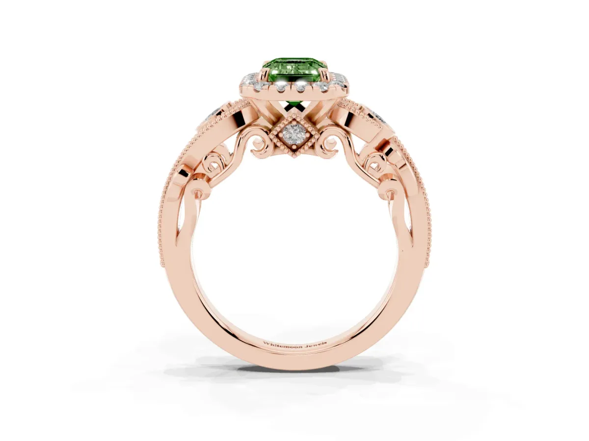 Fancy Green Emerald Cut Halo Diamond Ring with Milgrain and Bezel Accents on a Split Shank Band Rose gold